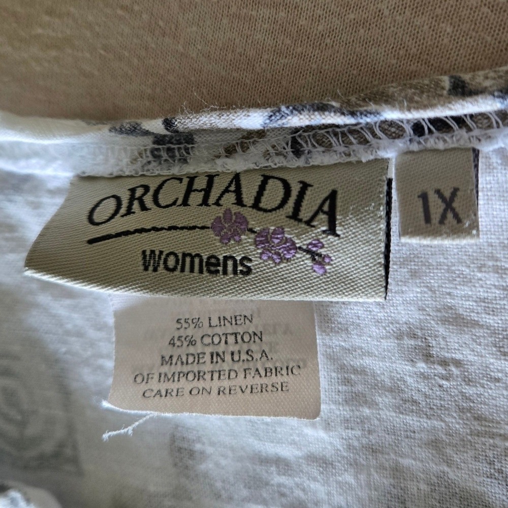 Orchadia Tunic Womens 1X White Blue Linen Blend Floral Pintuck Henley - Picture 3 of 6